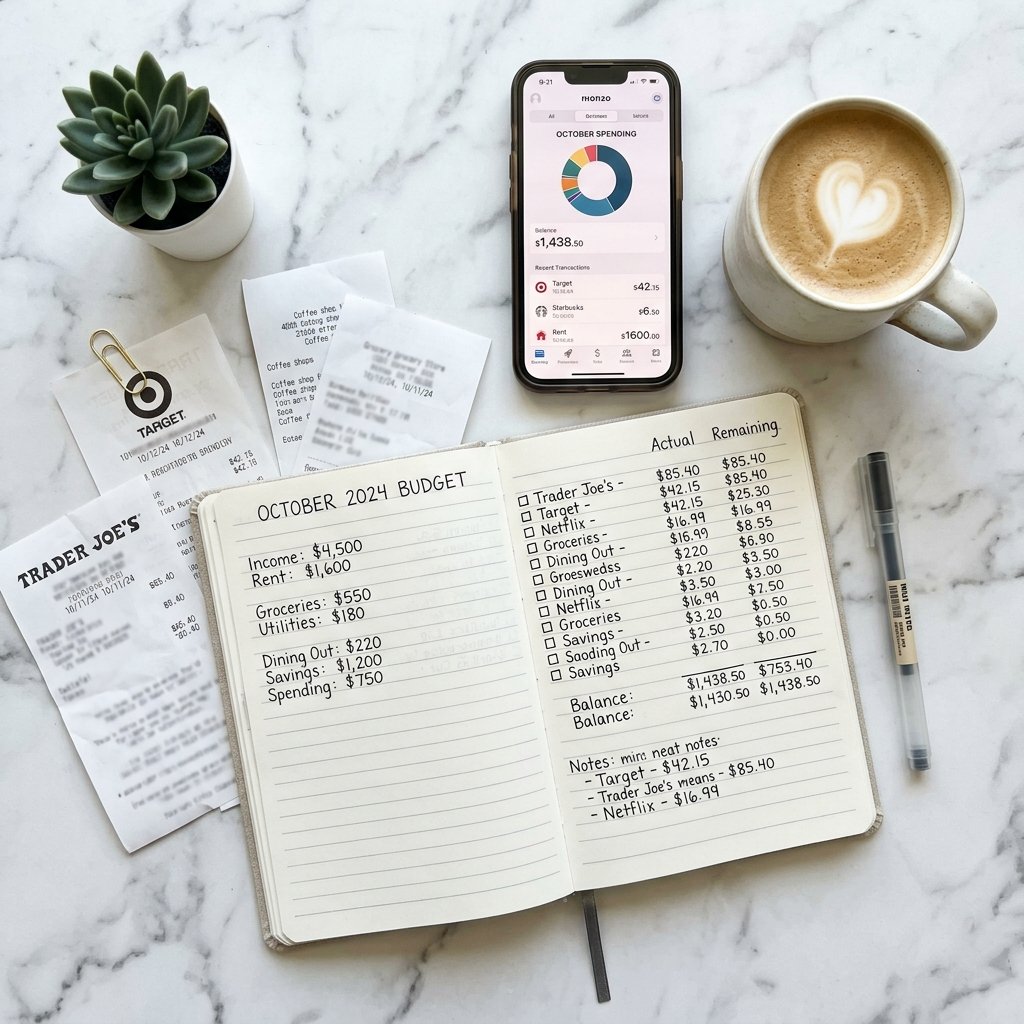 Budget planning setup with notebook, pen, smartphone, and receipts on a desk
