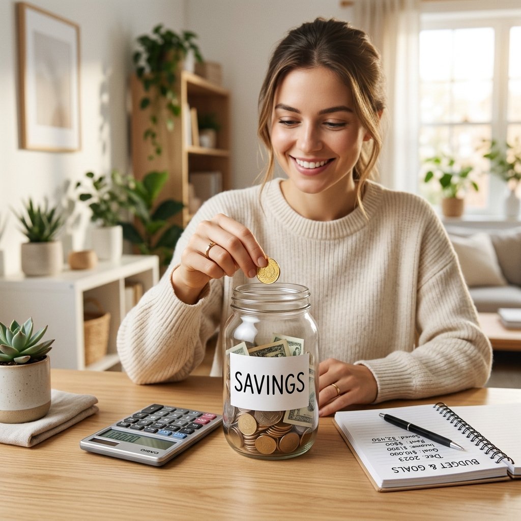 Person putting coins into a savings jar on a clean desk with a calculator and budget notebook