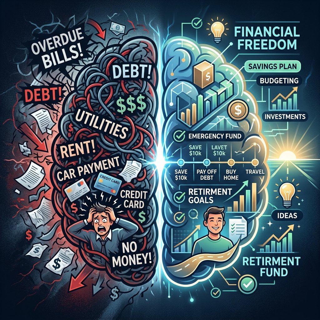 Brain split in two - stressed side with bills versus calm organized side with goals