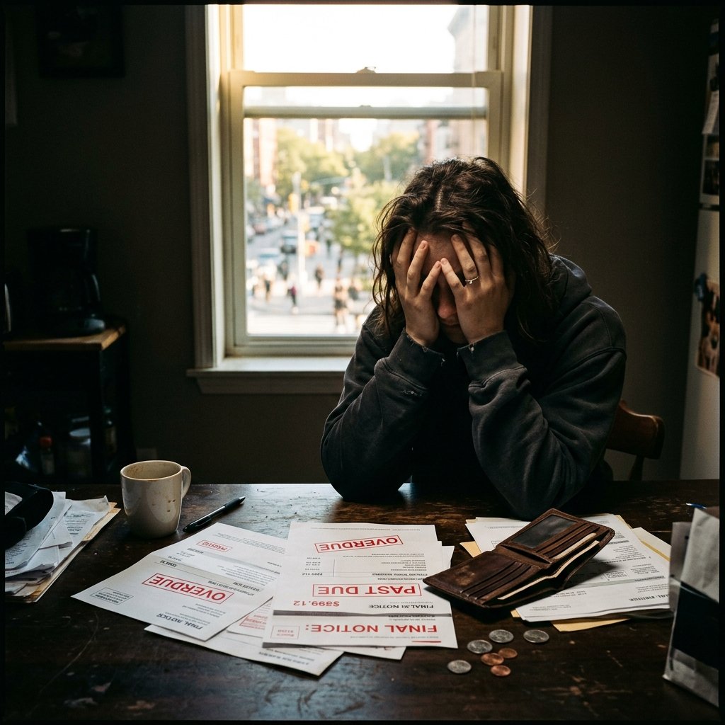 Person sitting at a table staring at overdue bills with head in hands