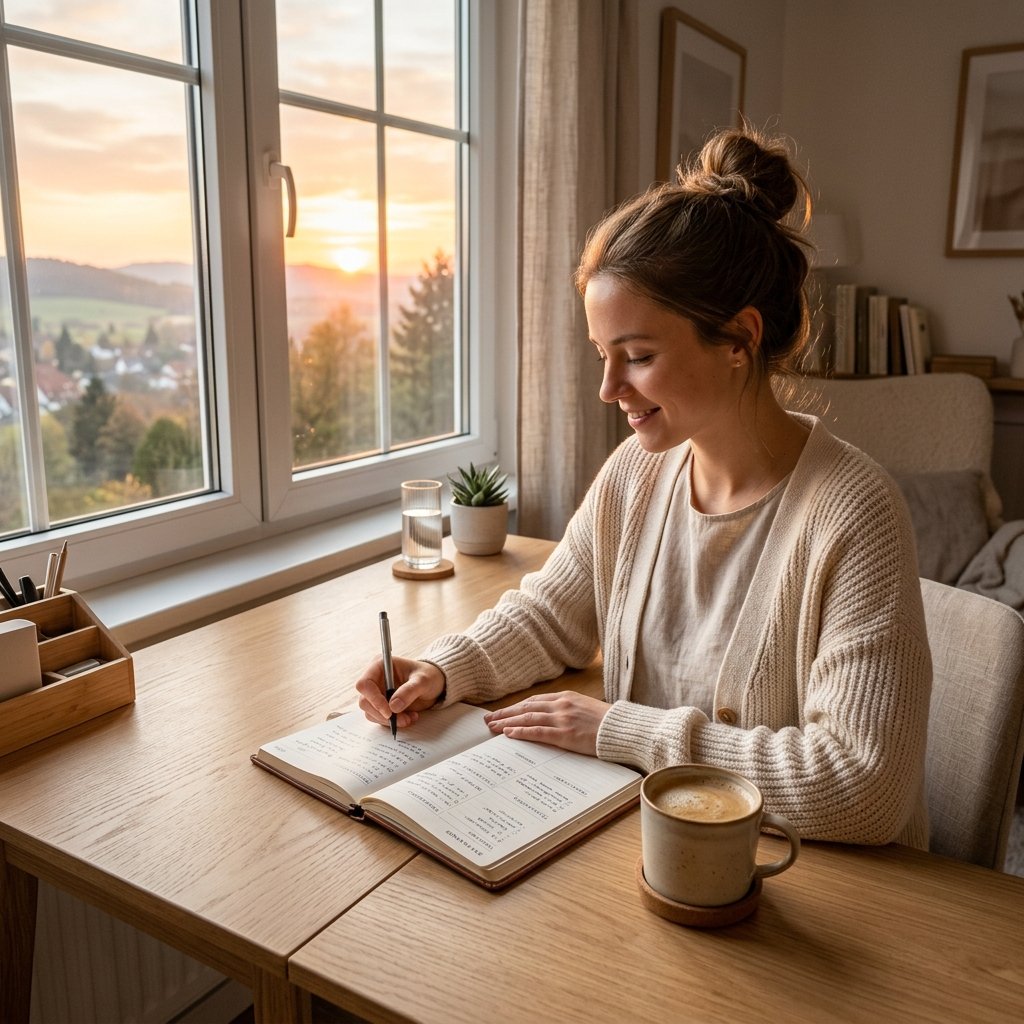 Person writing in a journal at sunrise, planning their day with coffee